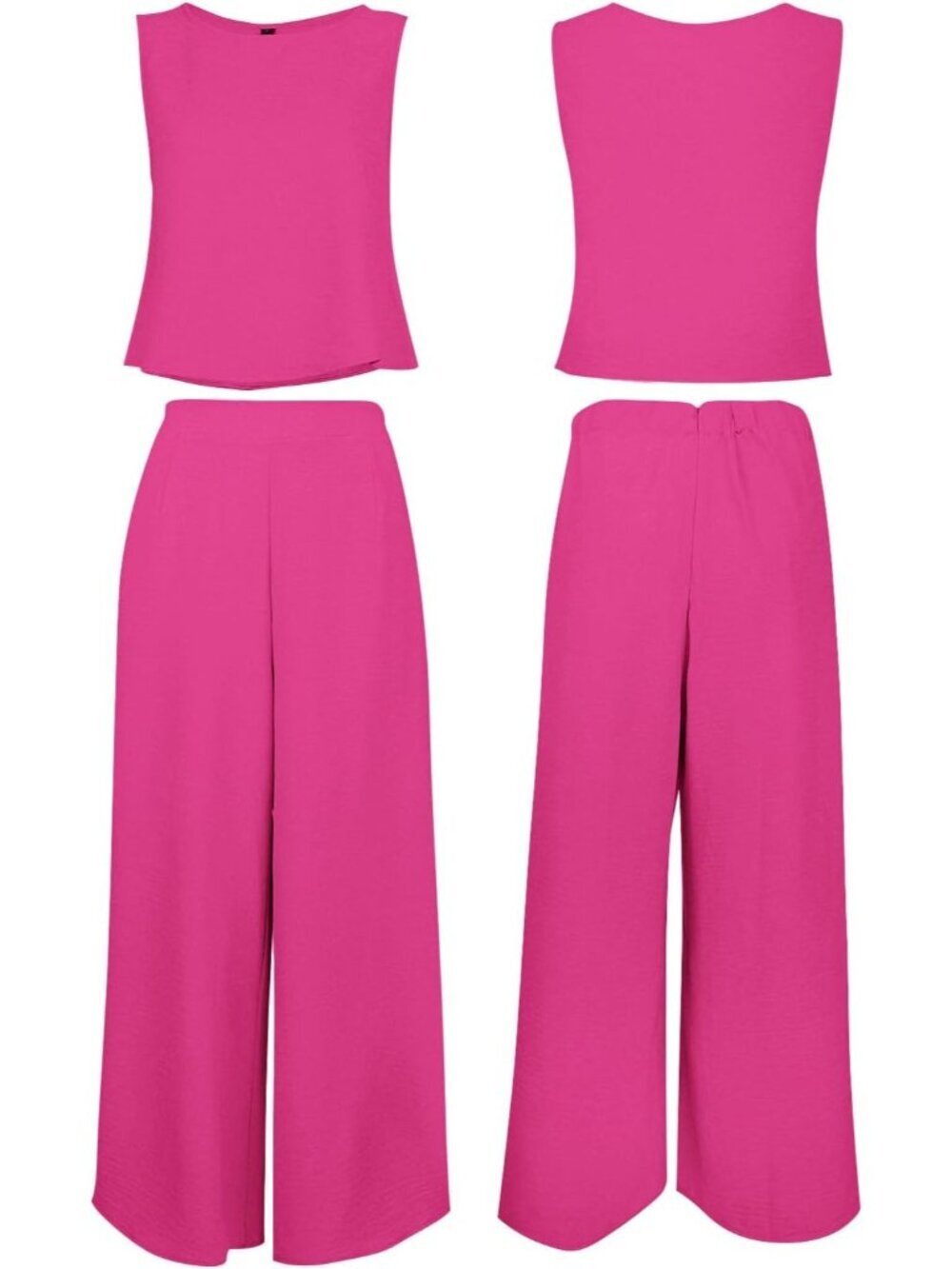 Women's Summer 2 Piece Rose Red Round Neck Crop Top Cropped Wide Leg Jumpsuit - Picture 5 of 6